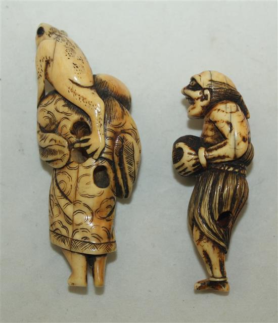 Two Japanese ivory netsuke of Sennin, 5.7cm, losses to feet